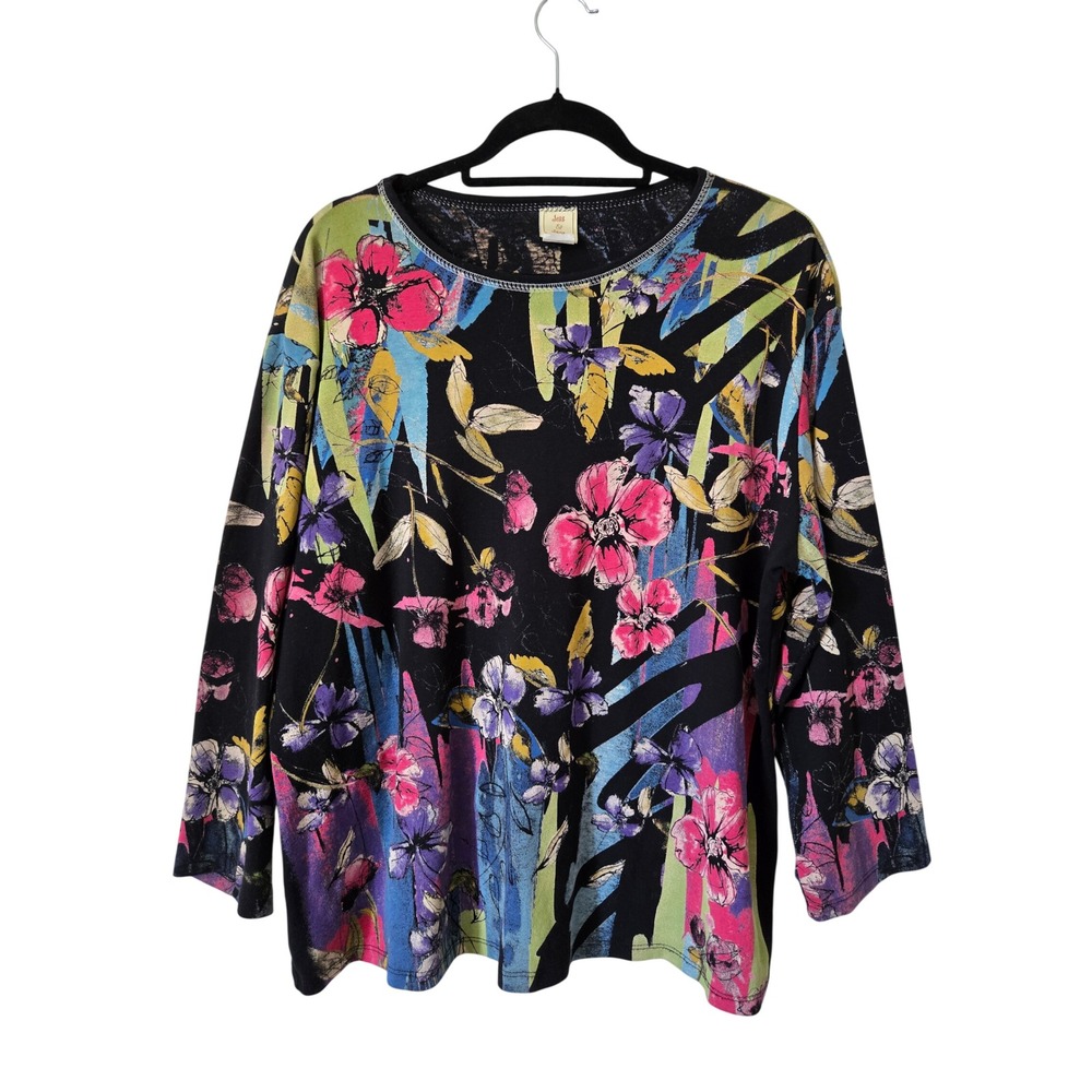 Jess & Jane Womens 3X Rebecca Top Black Floral Abstract Art 3/4 Sleeve Cotton